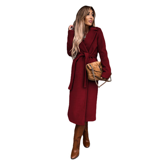 Damen Eleganter Lange-Mantel mit Taillengürtel und schmalem Schnitt EB