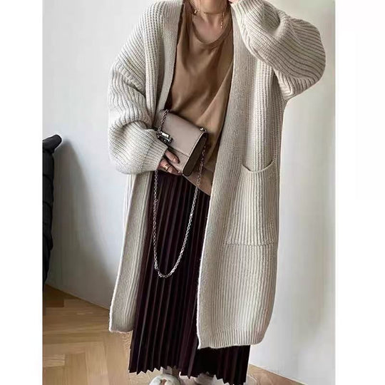 Damen Langer Strick-Cardigan mit tiefen Taschen und luftiger Passform EB
