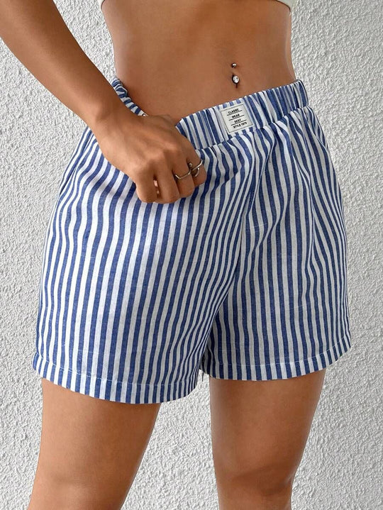 Damen gestreifte Shorts aus leichter Baumwolle mit elastischem Bund EB
