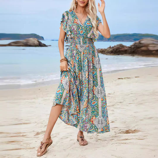 Damen Maxikleid mit verspieltem Mustermix und Rüschendetails EB