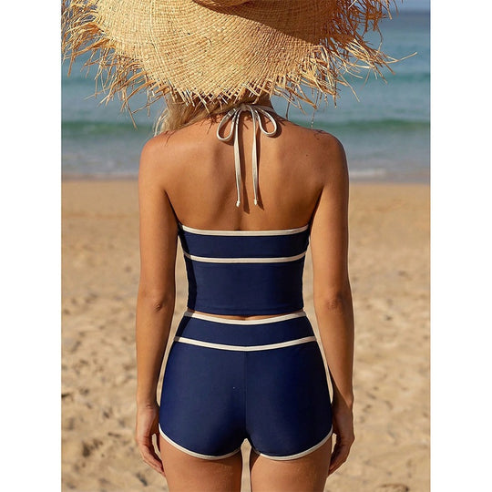Damen Sportliches Bikini-Set mit Crop-Top und hoch geschnittenem Unterteil EB