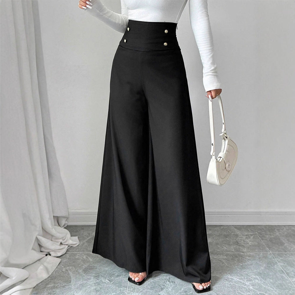 Damen Fließende Palazzo-Hose mit hohem Taillenbund und eleganten Knopfdetails EB