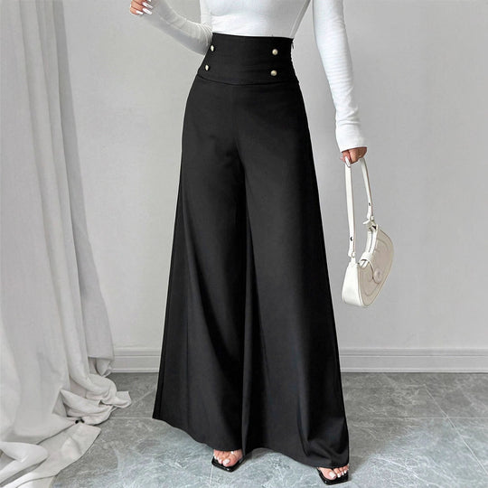 Damen Fließende Palazzo-Hose mit hohem Taillenbund und eleganten Knopfdetails EB