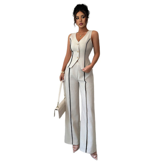 Damen elegante Hose-Anzug mit tailliertem Oberteil und Knopfdetails EB