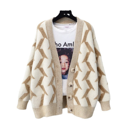 Damen Grobstrick Cardigan mit modernem Zickzackmuster und Knopfdetails EB