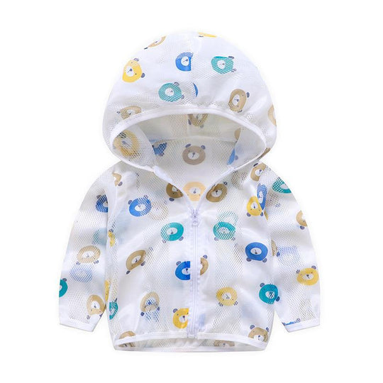 Unisex nan atmungsaktive Netz Kapuzen-Sonnenjacke für Säuglinge mit Reißverschluss und verspieltem Elefantenmotiv EB