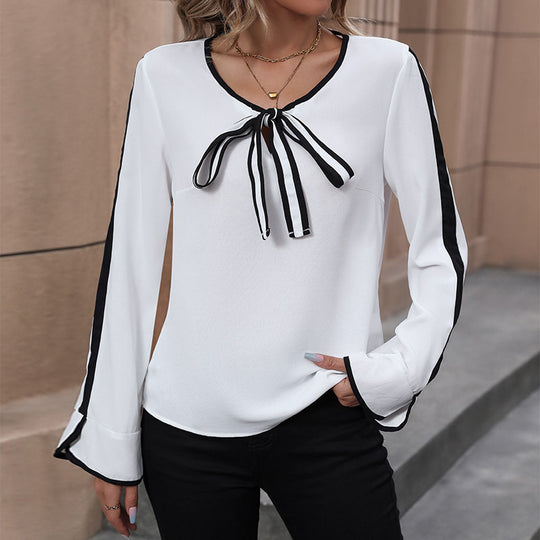 Damen Elegante Chiffon-Bluse mit Kontrastpaspel, Schleifenbindeband und Trompetenärmeln EB