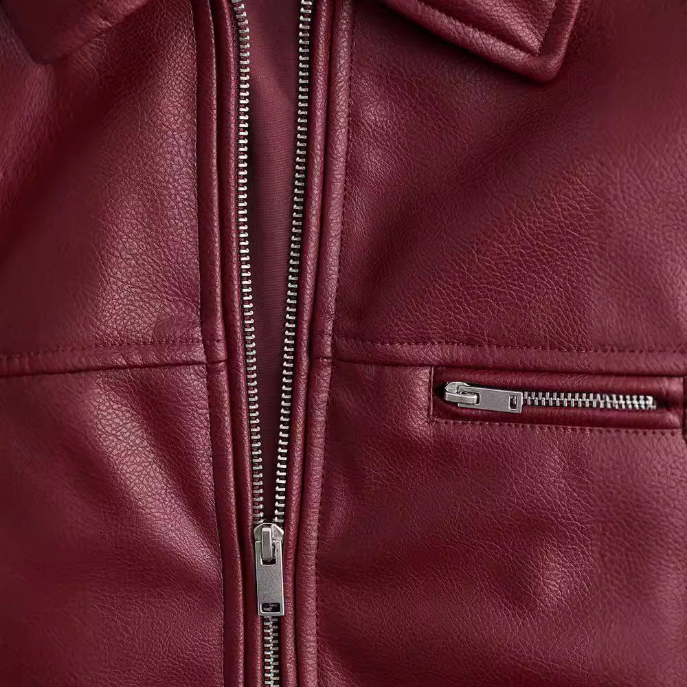 Damen modische Kunstlederjacke mit elastischem Saum und modernem Schnitt EB