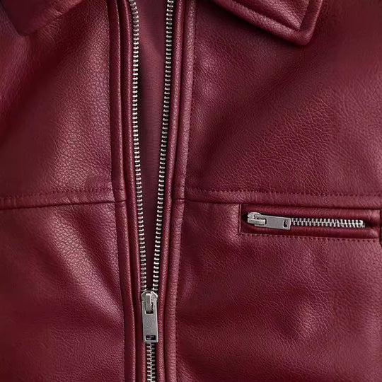 Damen modische Kunstlederjacke mit elastischem Saum und modernem Schnitt EB