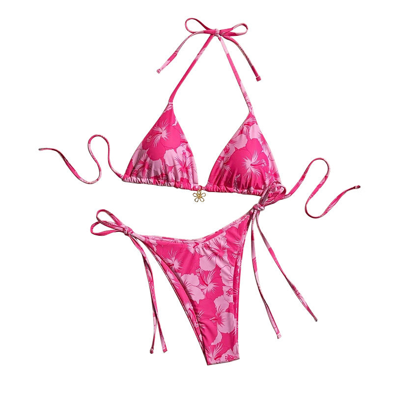 Damen Triangel-Bikini mit floralen Mustern und feinen Bindebändern EB