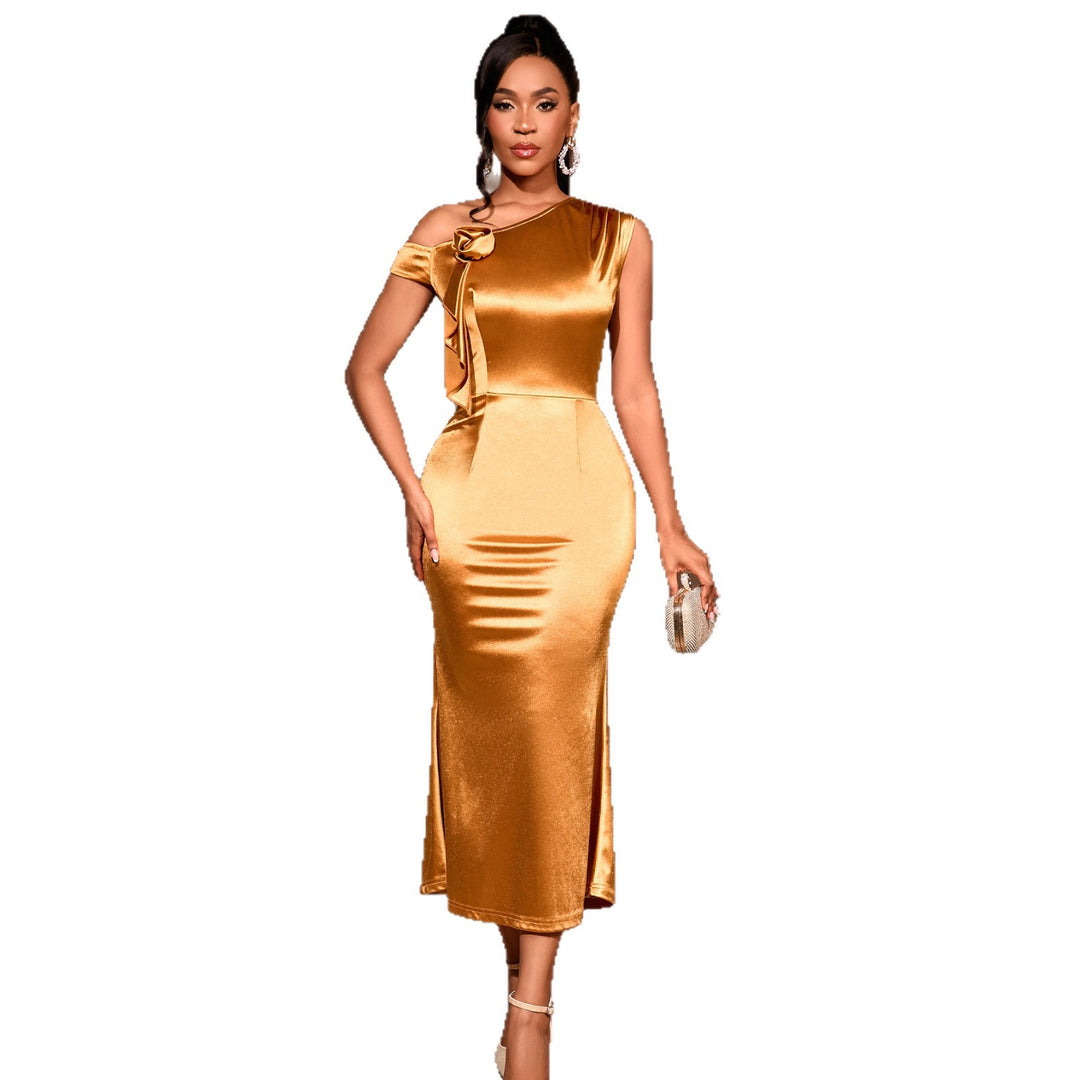 Damen elegantes Satin-Cocktailkleid mit einem Schulterdesign und Rüschenakzent EB