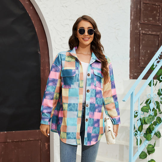 Damen Karierte Flanelljacke mit praktischen Taschen und oversize Schnitt EB