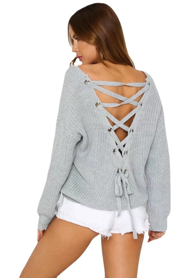 Damen modischer Strickpullover mit extravagantem Rückenausschnitt und Schnürdetails EB