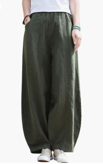 Damen weite Leinenhose mit elastischem Bund und praktischen Taschen EB