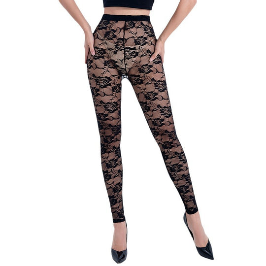 Damen Körperbetonte Leggings mit floralen Spitzenapplikationen EB