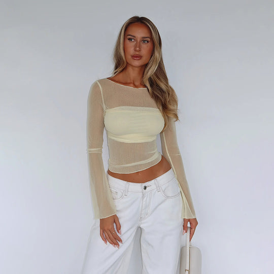 Damen modisches langärmliges Oberteil mit transparentem Design und figurbetonter Silhouette EB
