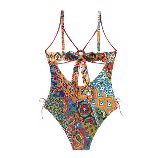Damen Design-Badeanzug mit dekorativem Knoten und buntem Muster EB