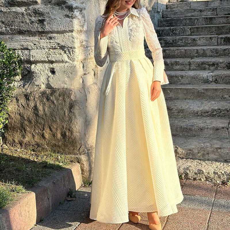 Damen Elegantes Maxikleid mit Spitzenärmeln und Taillengürtel EB