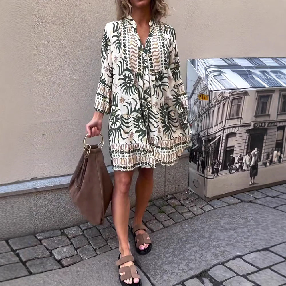 Damen nan locker geschnittenes Boho-Tunikakleid mit V-Ausschnitt geraffter Empire-Naht und Volant-Saum EB