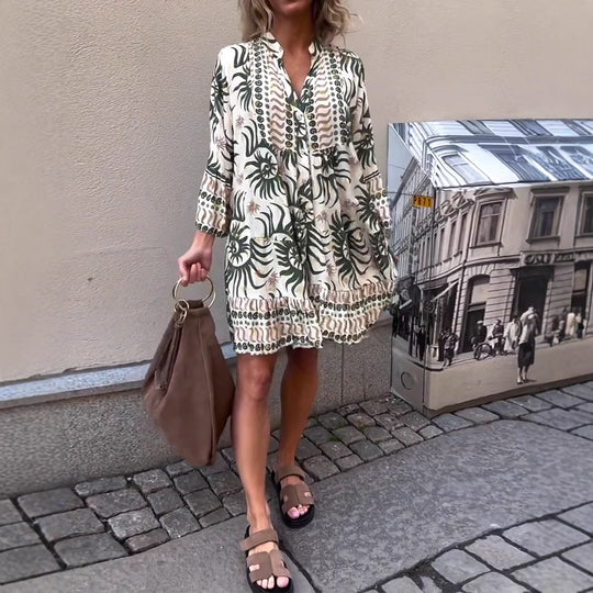 Damen nan locker geschnittenes Boho-Tunikakleid mit V-Ausschnitt geraffter Empire-Naht und Volant-Saum EB