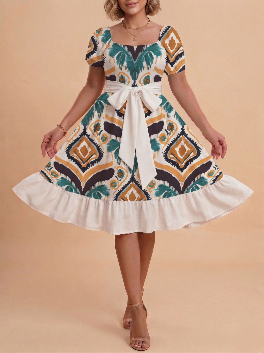 Damen Retro Maxikleid mit Puffärmeln und Taillengürtel EB