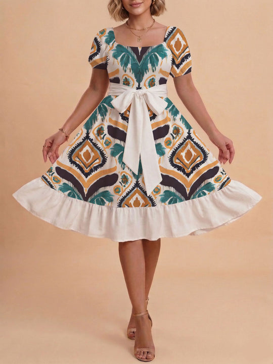 Damen Retro Maxikleid mit Puffärmeln und Taillengürtel EB