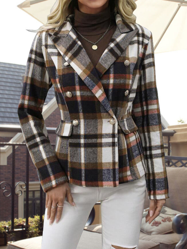 Damen kariertes Zweireiher-Blazerjacke mit eleganten Knopfdetails und maßgeschneidertem Schnitt EB