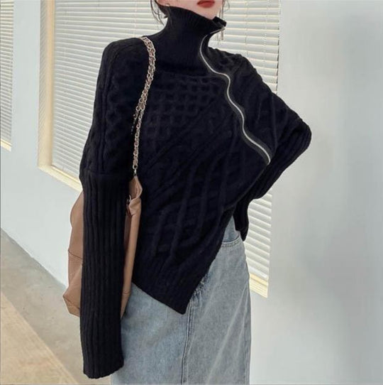 Damen hochwertiger Strickpullover mit hohem Kragen und asymmetrischem Design EB
