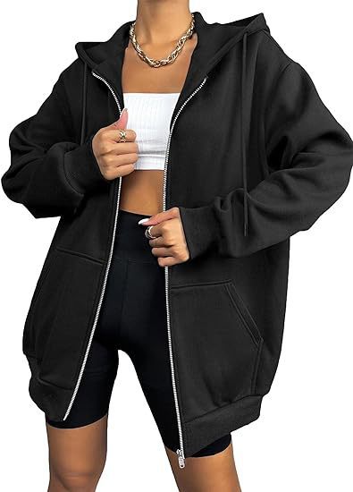 Damen nan oversized Zip-Kapuzenjacke mit kontrastierendem Reißverschluss, doppellagiger Kapuze und Kängurutasche EB