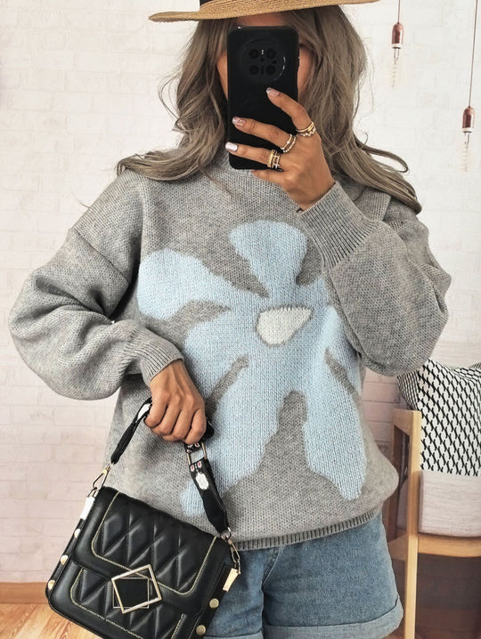 Damen Pullover mit auffälligem Blütenmotiv und lockerer Passform EB
