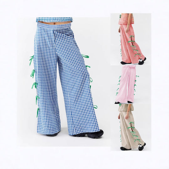 Damen Weite Karohose mit dekorativen Schnürdetails EB