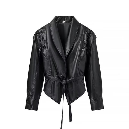 Damen cropped Kunstlederjacke mit Finish und asymmetrischem Kragen EB