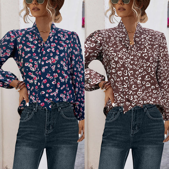 Damen Bluse mit floralem Design und eleganter Schleifenöffnung EB
