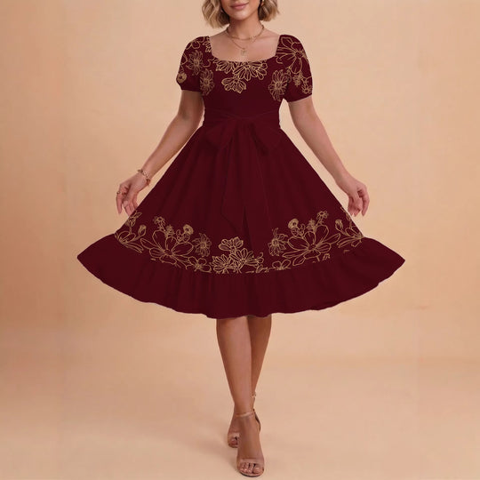Damen A-Linien-Kleid mit floralen Motiven und taillierbarem Gürtel EB