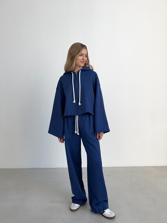 Damen kurzes Zip-Hoodie-Set mit taillenhoher Wide-Leg Jogginghose aus French-Terry EB