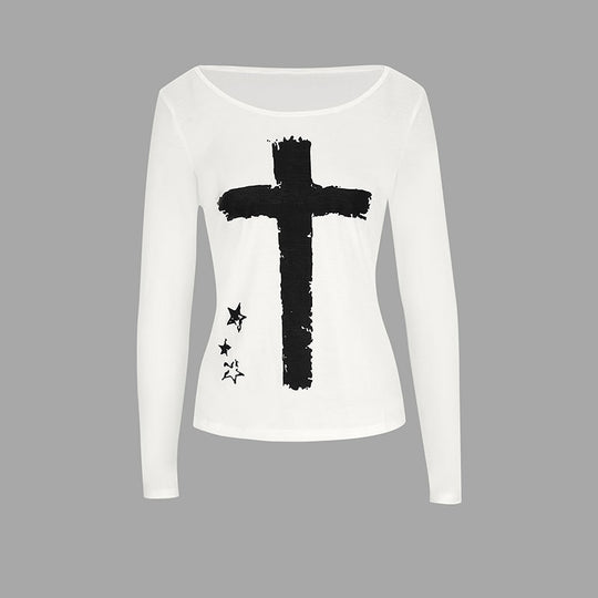 Damen Langarm-T-Shirt mit kreativem Motiv und Rundhalsausschnitt EB