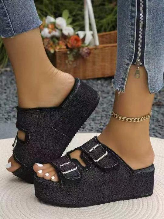 Damen bequeme Plattformsandalen aus Denim mit doppeltem Riemen EB