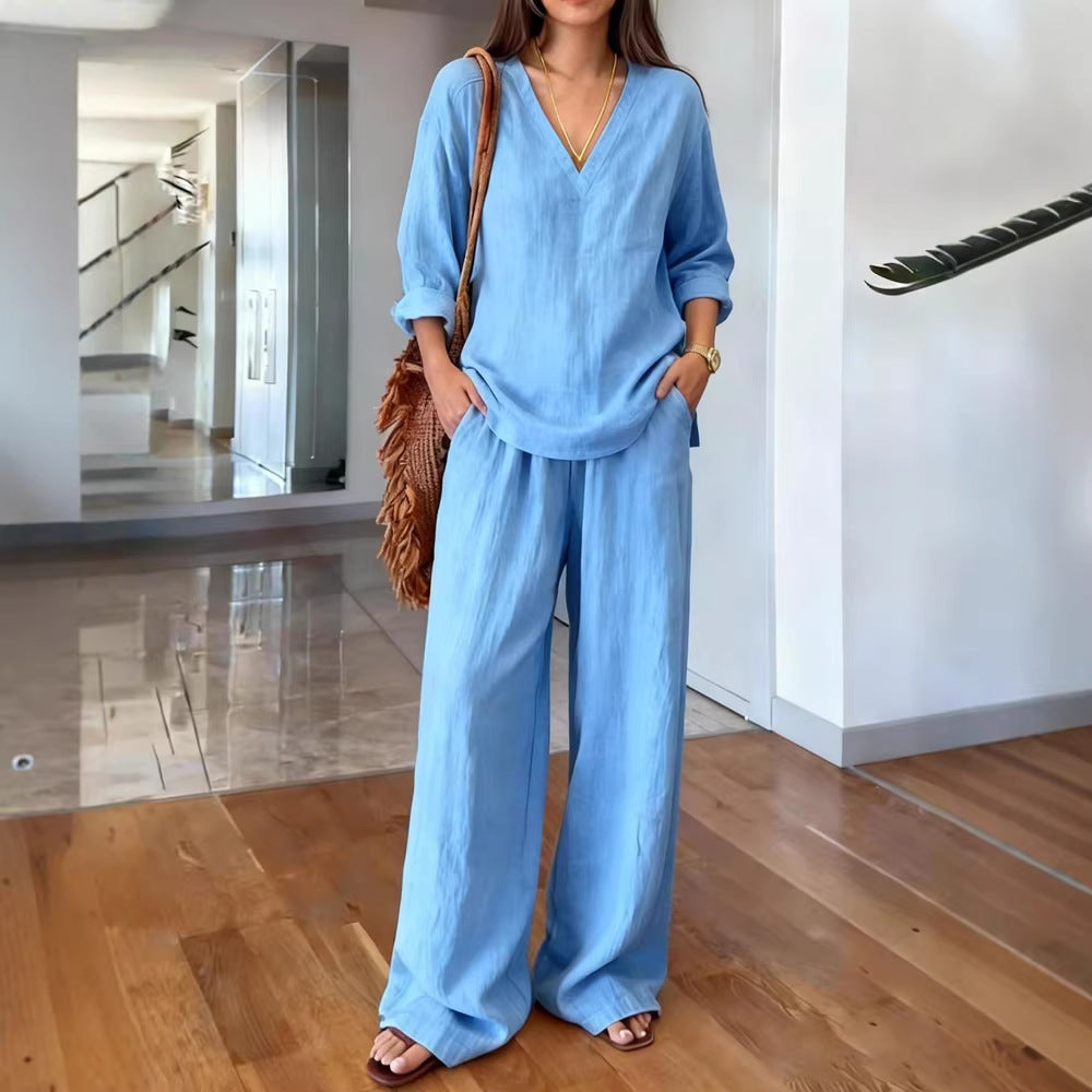Damen Leichte Sommerhose mit weitem Schnitt und V-Ausschnitt Shirt EB
