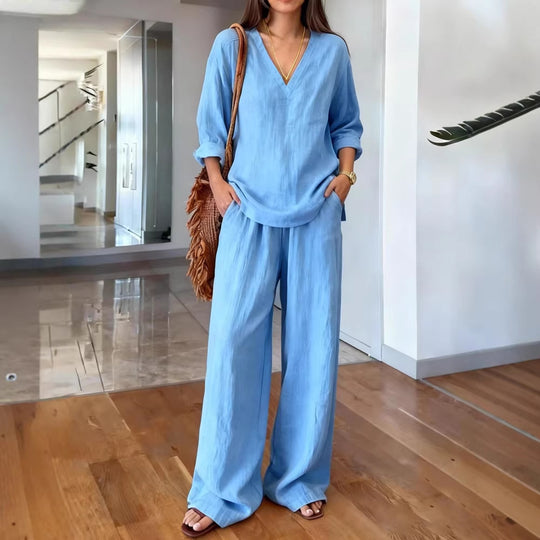 Damen Leichte Sommerhose mit weitem Schnitt und V-Ausschnitt Shirt EB