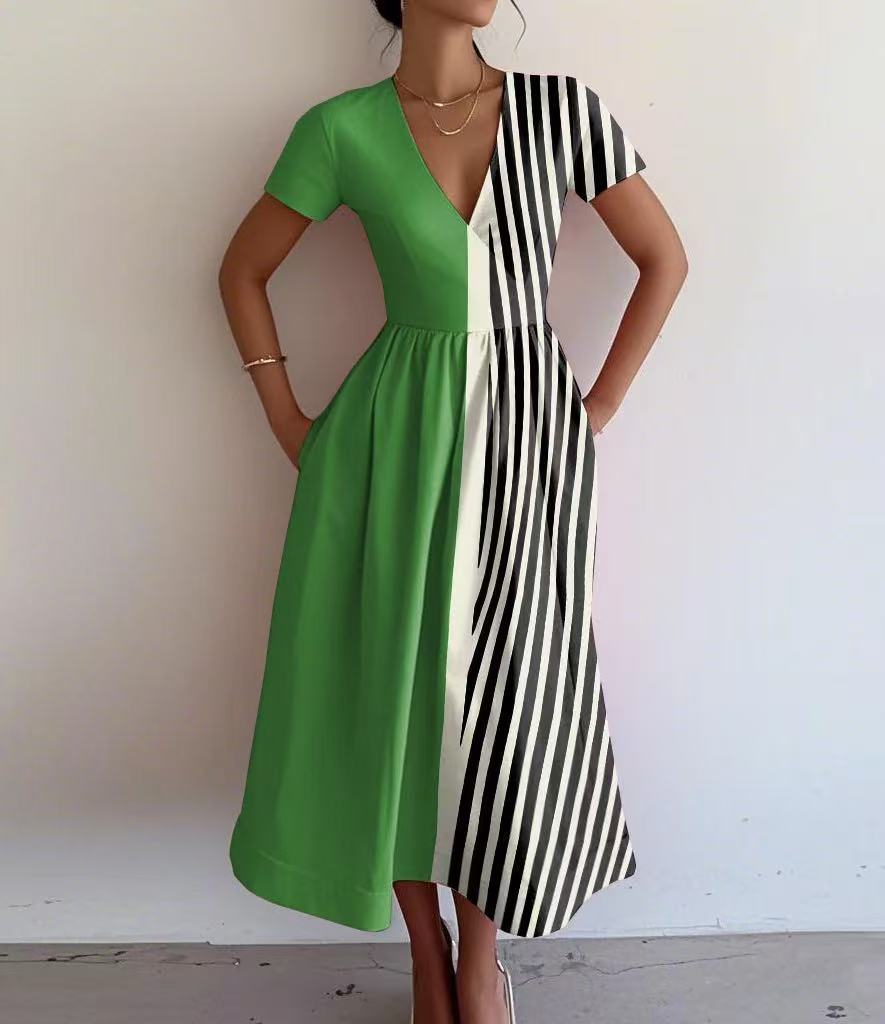 Damen Maxikleid mit tiefem V-Ausschnitt und modischem Streifenmuster EB