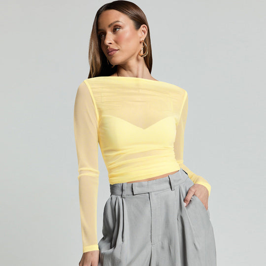 Damen Elegantes Langarmoberteil mit transparentem Mesh und Raffung EB