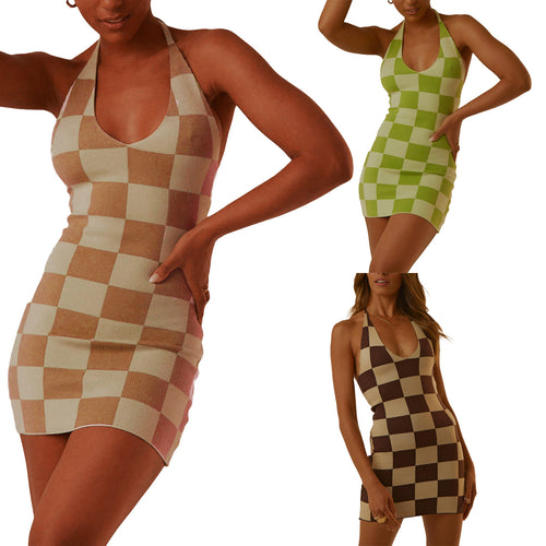 Damen enganliegendes Karomuster-Kleid mit tiefem V-Ausschnitt EB