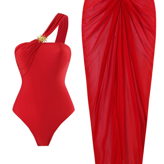 Damen einseitiger Badeanzug mit elegantem Wickelrock EB