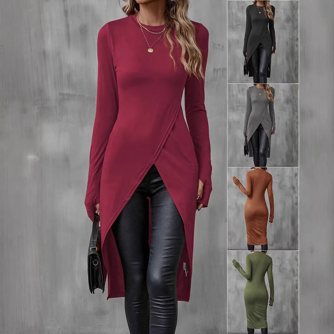 Damen Langes asymmetrisches Wickel-Tunika-Top mit Frontschlitz EB