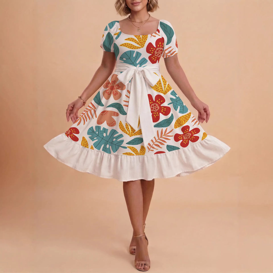 Damen Sommerliches Blumenkleid mit taillierbarem Gürtel und voluminösen Ärmeln EB