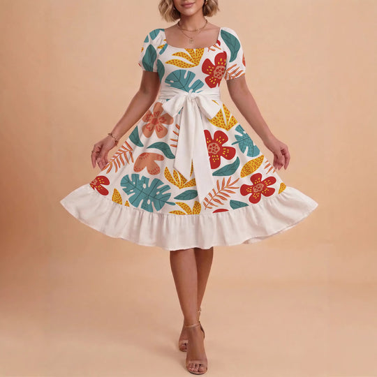 Damen Sommerliches Blumenkleid mit taillierbarem Gürtel und voluminösen Ärmeln EB