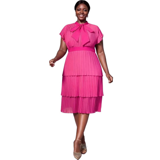Damen plissiertes Midi-Kleid mit Schleifenakzent EB