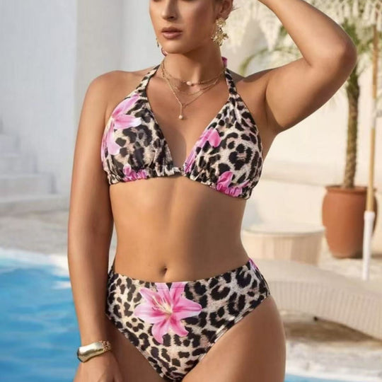 Damen Bikini-Set mit modischem Tiermuster und hoch taillierten Shorts EB