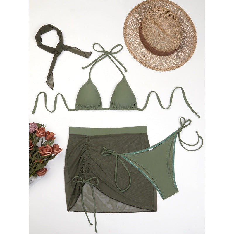 Damen Triangelbikini-Set mit transparentem Überrock und modischem Stirnband EB