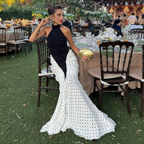 Damen elegantes langärmliges Kleid mit hochgeschlossenem Design und grafischem Punkte-Muster EB